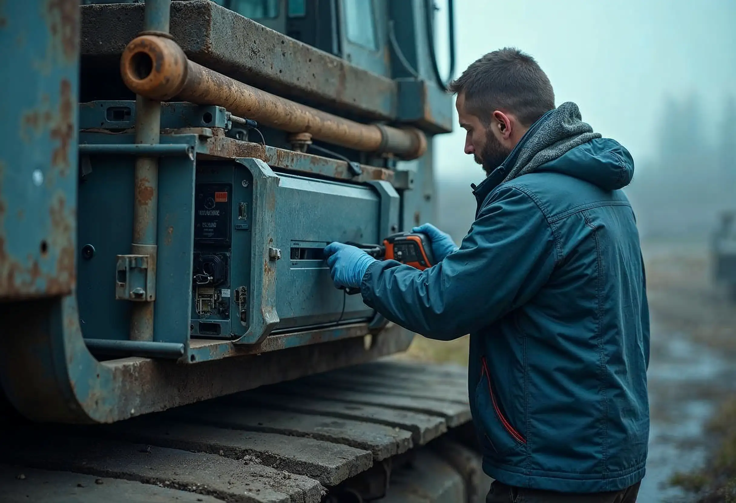 Technician setting up diagnostic hardware with protective cages and mounts.