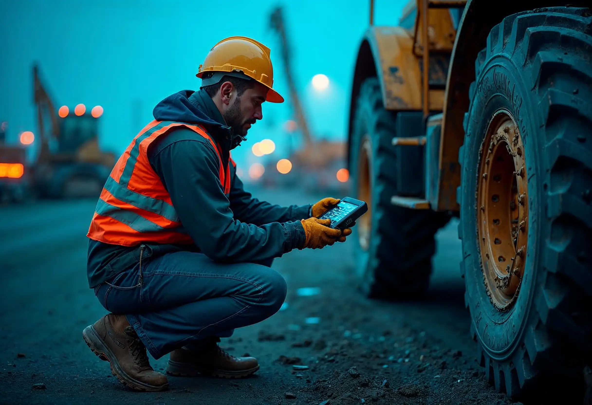 Technician holding a diagnostic tool while inspecting construction equipment.