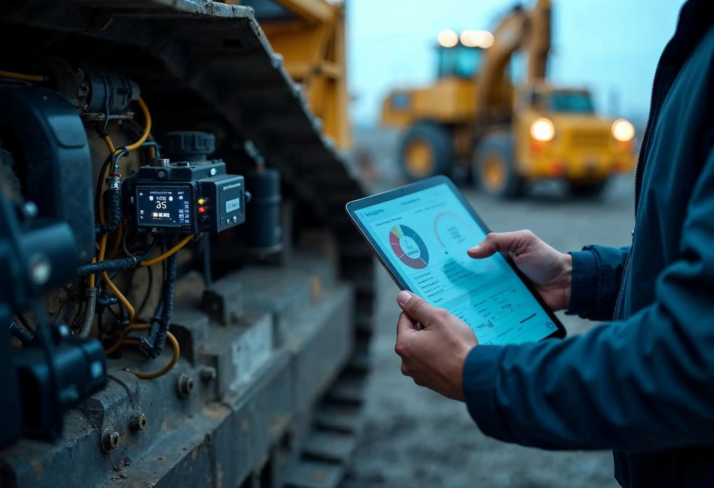 IoT sensors on a bulldozer sending real-time data to a technician’s tablet.