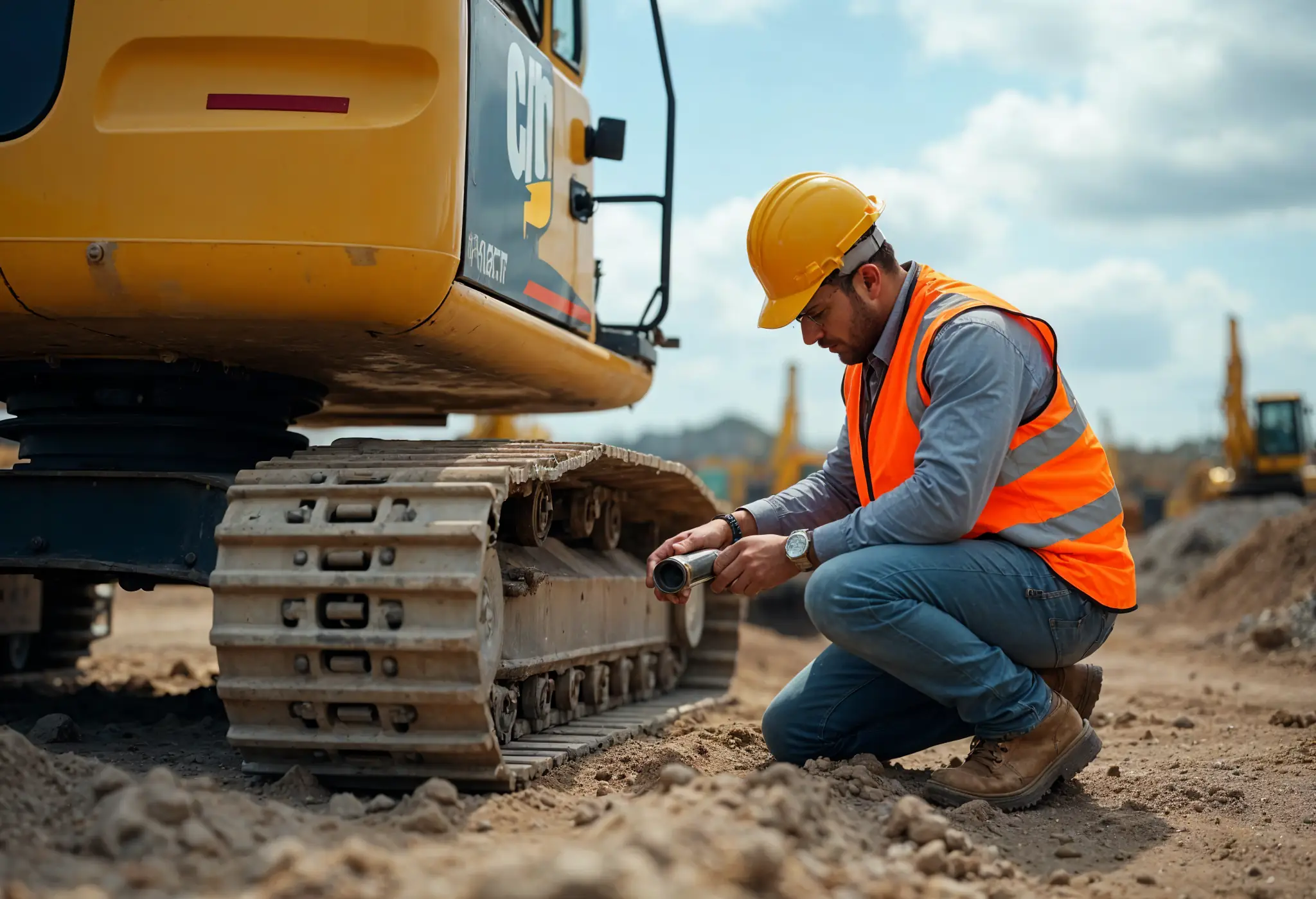 Technician performing preventive maintenance on an excavator's tracks at a construction site.