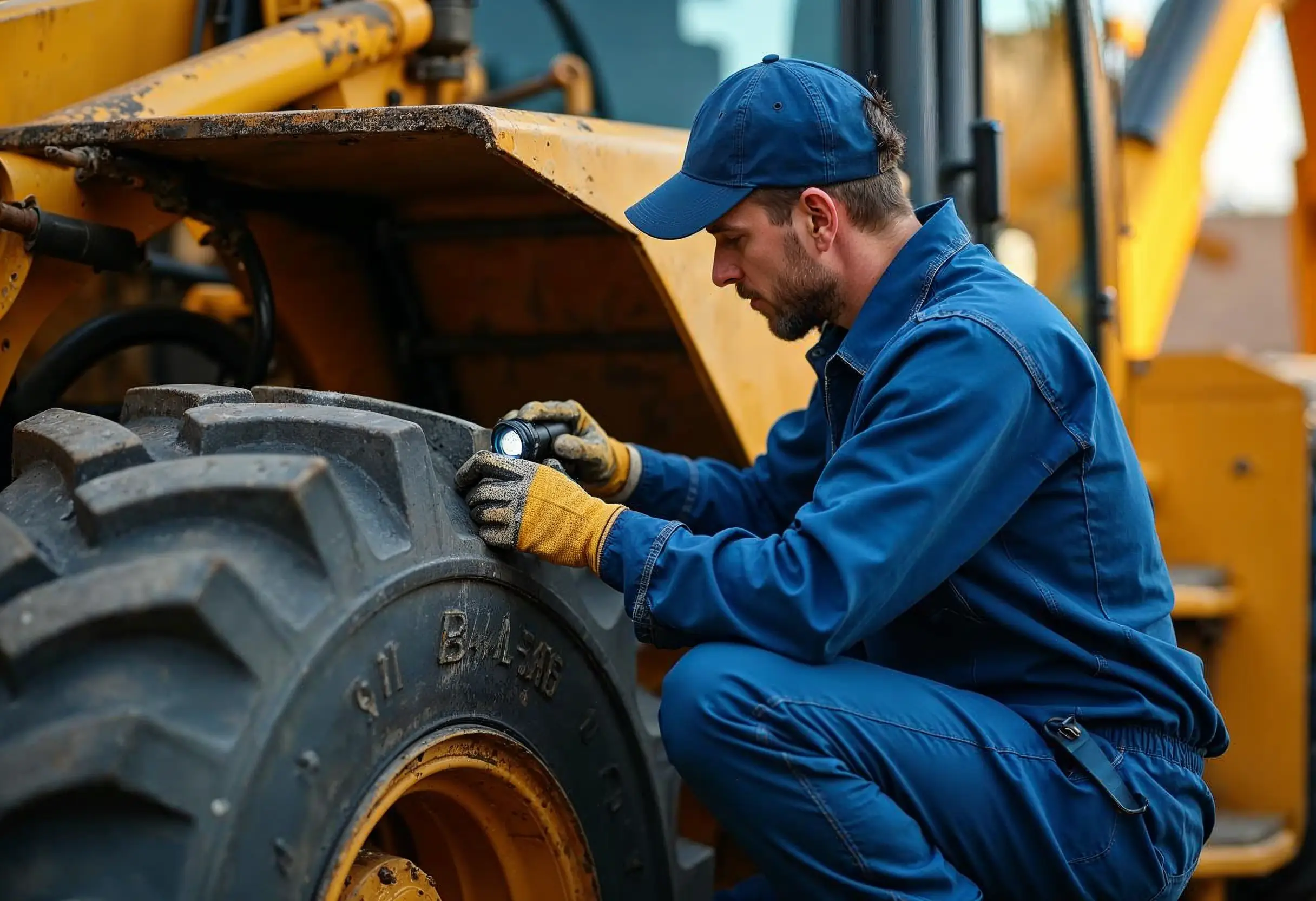 Close-up of a technician inspecting hydraulic hoses on a backhoe for leaks.