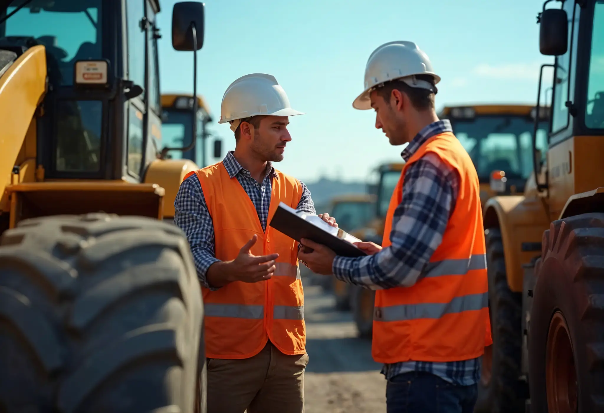 Construction workers auditing equipment with checklists in hand.