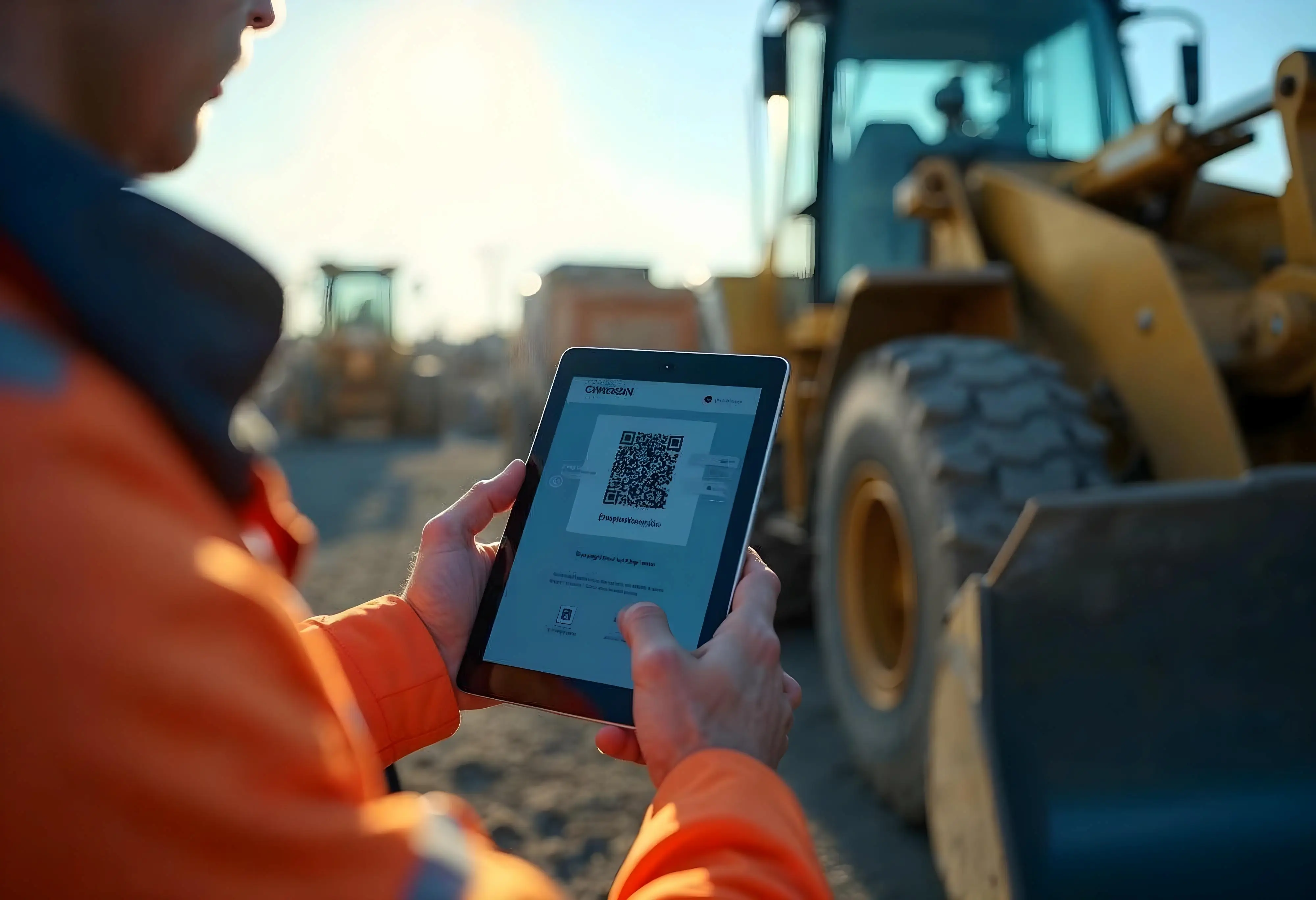 Worker scanning a QR code on construction equipment during check-in.