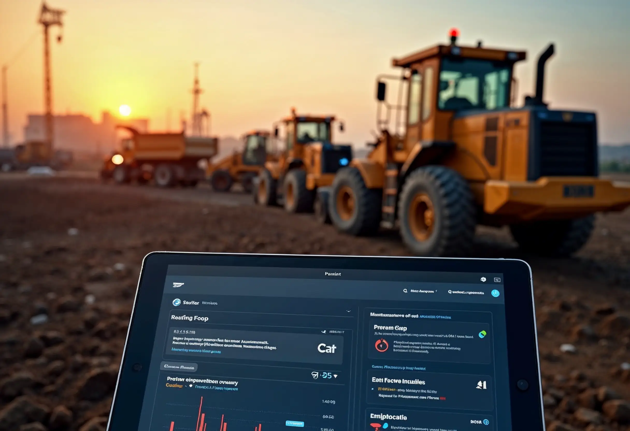 Heavy machinery with smart diagnostics and predictive maintenance dashboard displaying real-time alerts on a tablet.