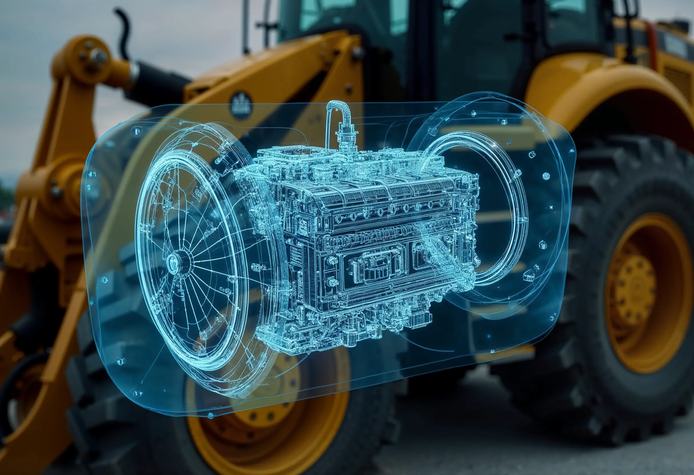 Bulldozer engine with smart diagnostic sensors tracking temperature, pressure, and vibration for predictive maintenance.