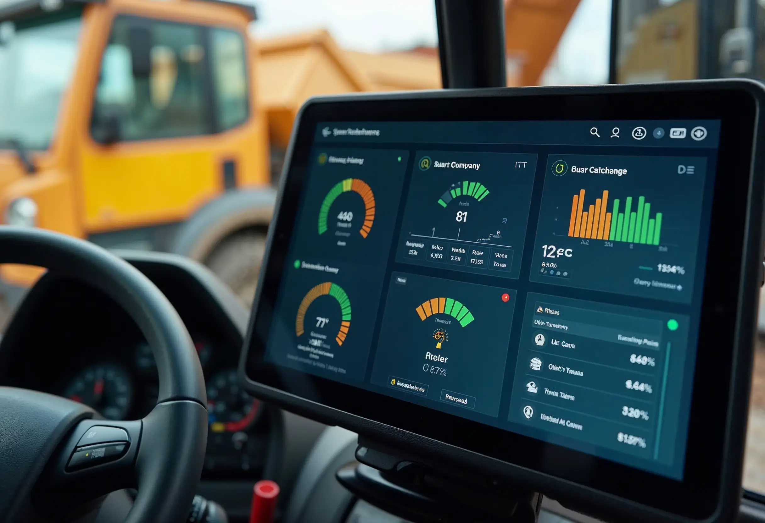 Tablet in a dump truck showing real-time smart maintenance dashboard for heavy equipment monitoring.