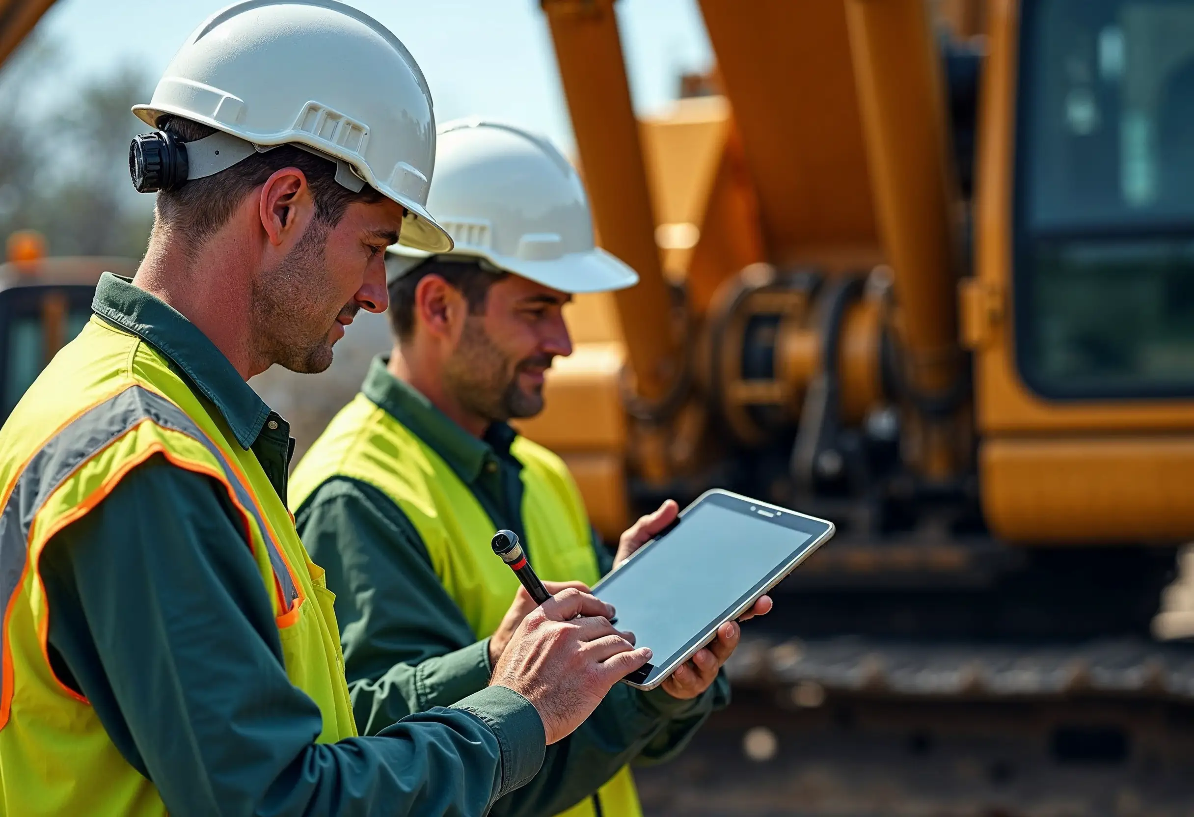 Technicians installing predictive maintenance sensors on an excavator’s hydraulic arm.