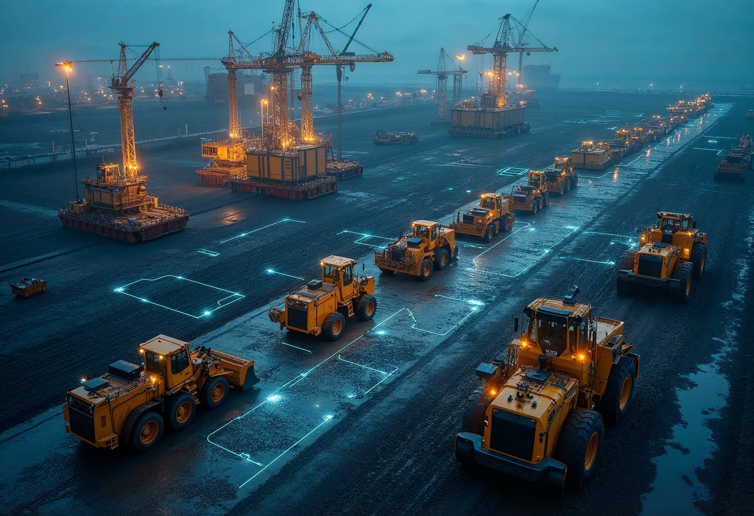 Heavy equipment fleet connected to cloud-based predictive maintenance monitoring system.