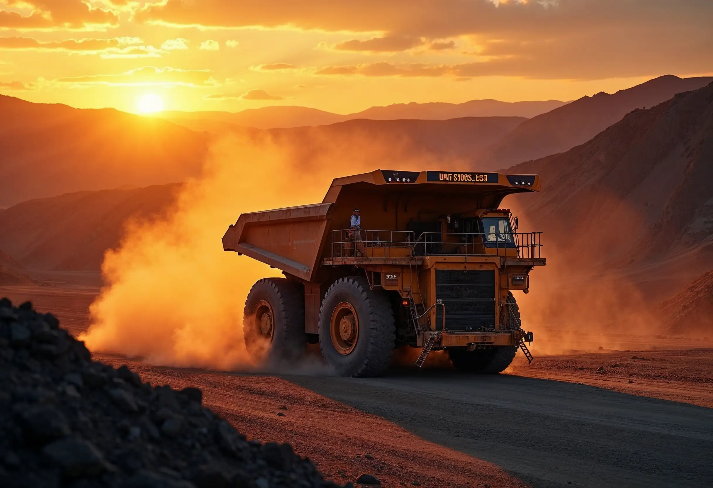 Mining truck at sunset, operating efficiently with optimized fuel consumption and reduced downtime.