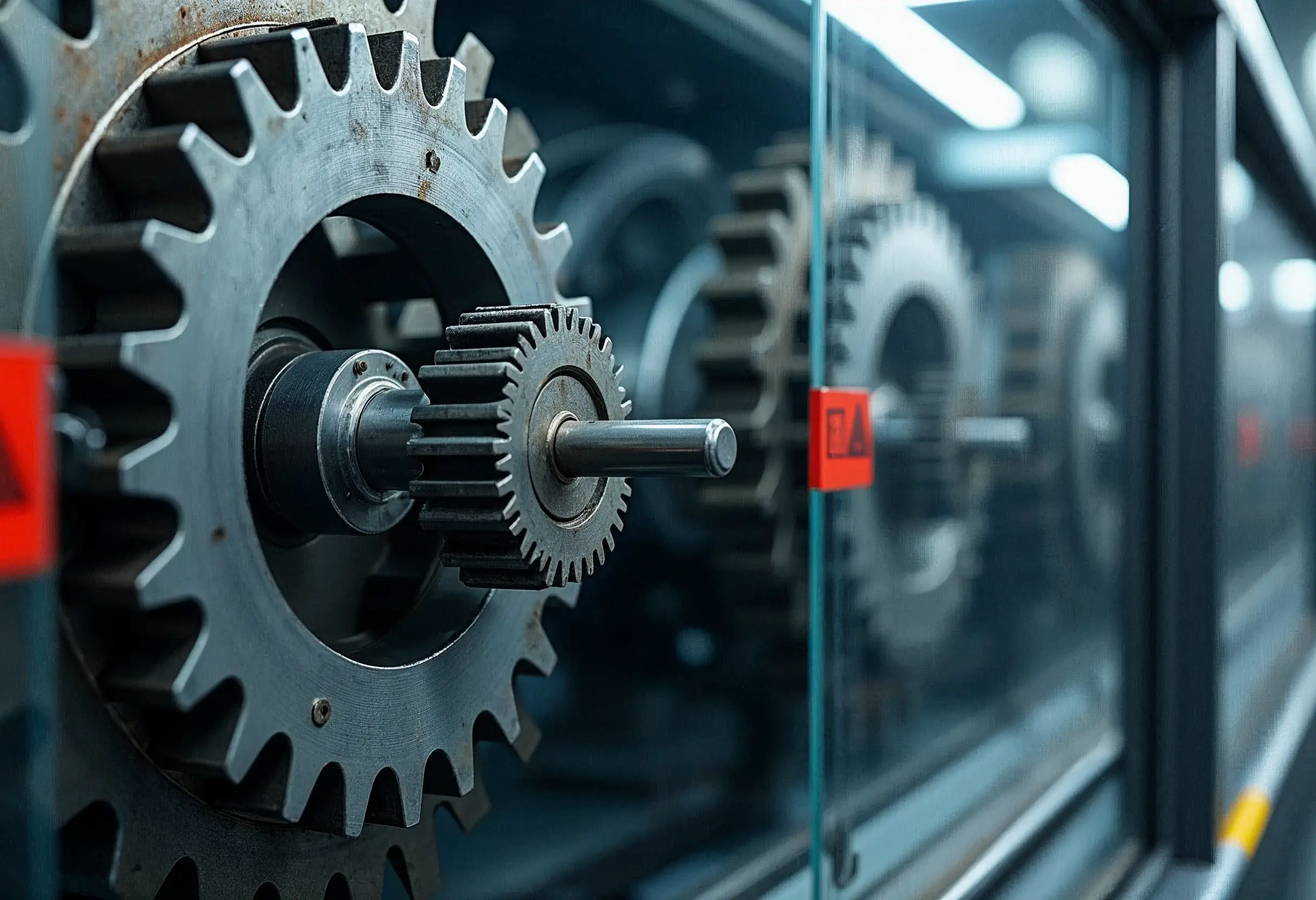Rotating gears protected by a transparent safety guard.