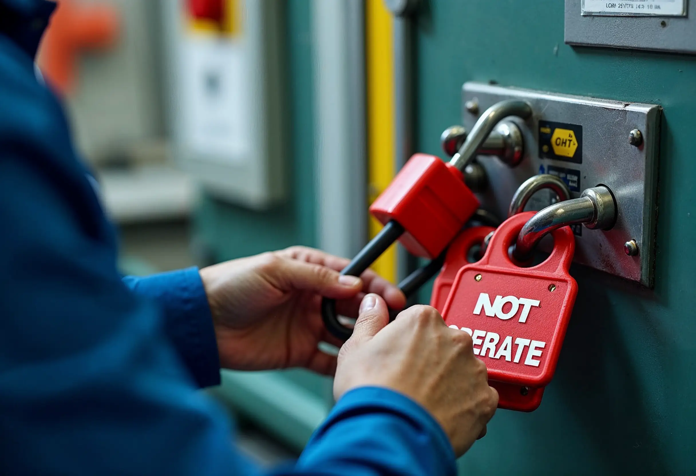 Technician applying a lockout/tagout device for machine maintenance safety.