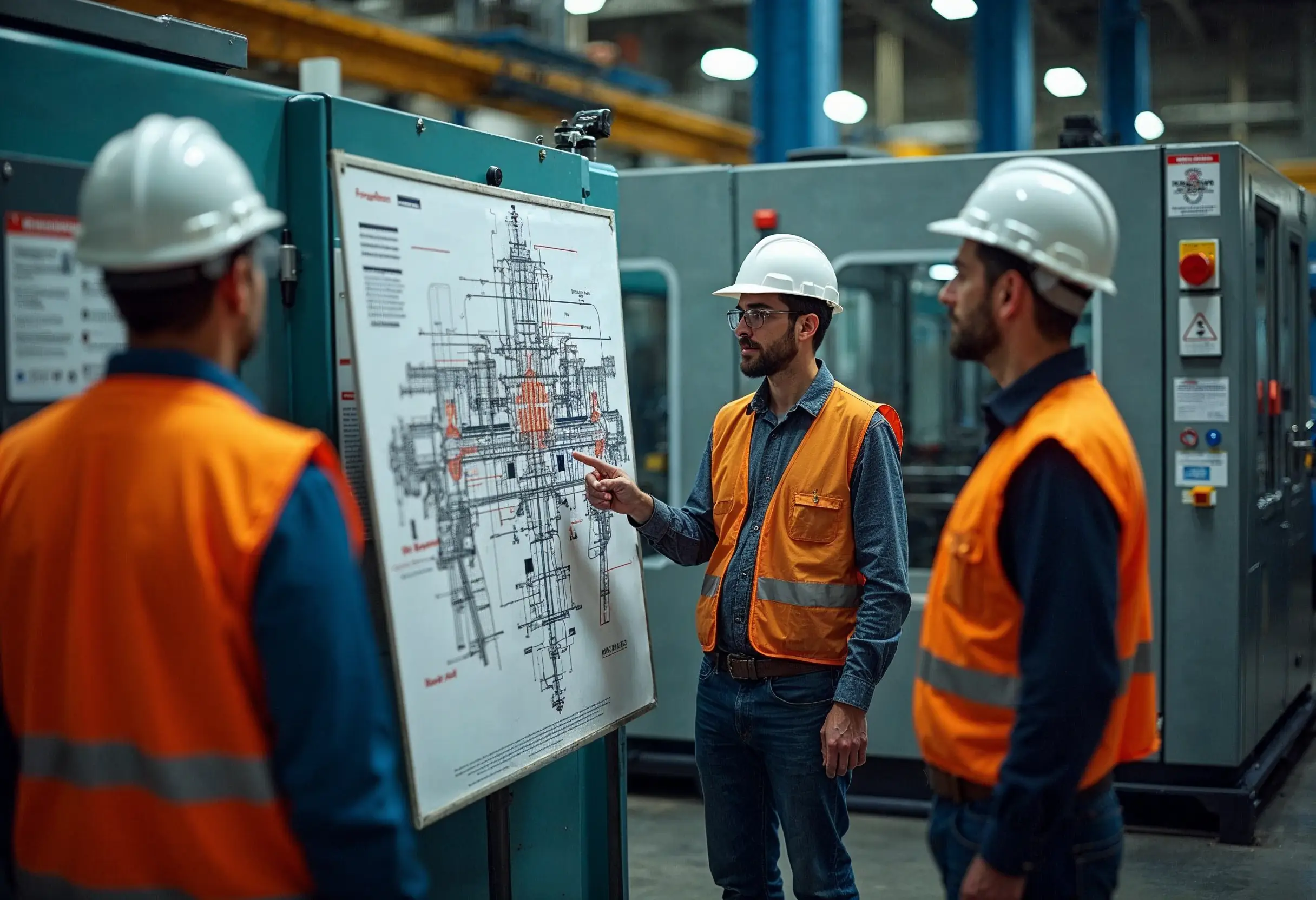 Factory supervisor training workers on machine safety protocols.