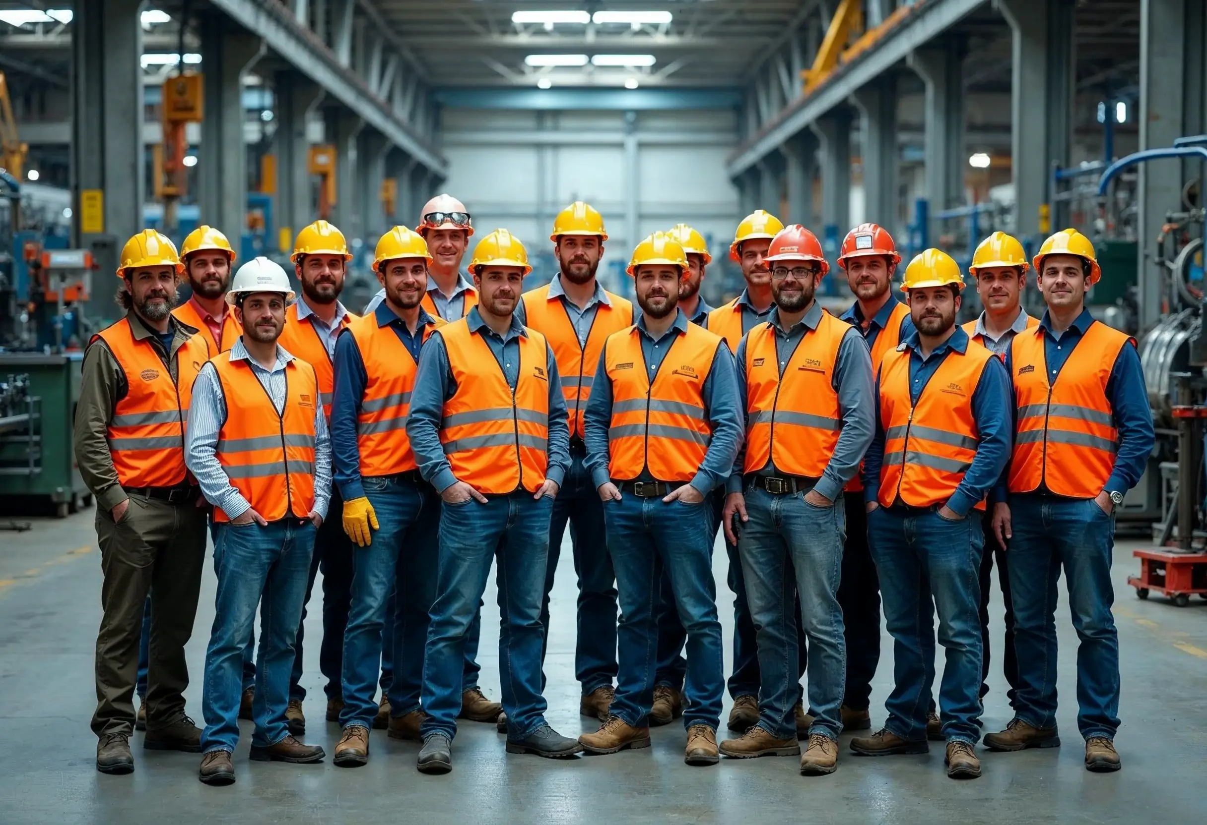 Group of industrial workers in full PPE inside a manufacturing facility.