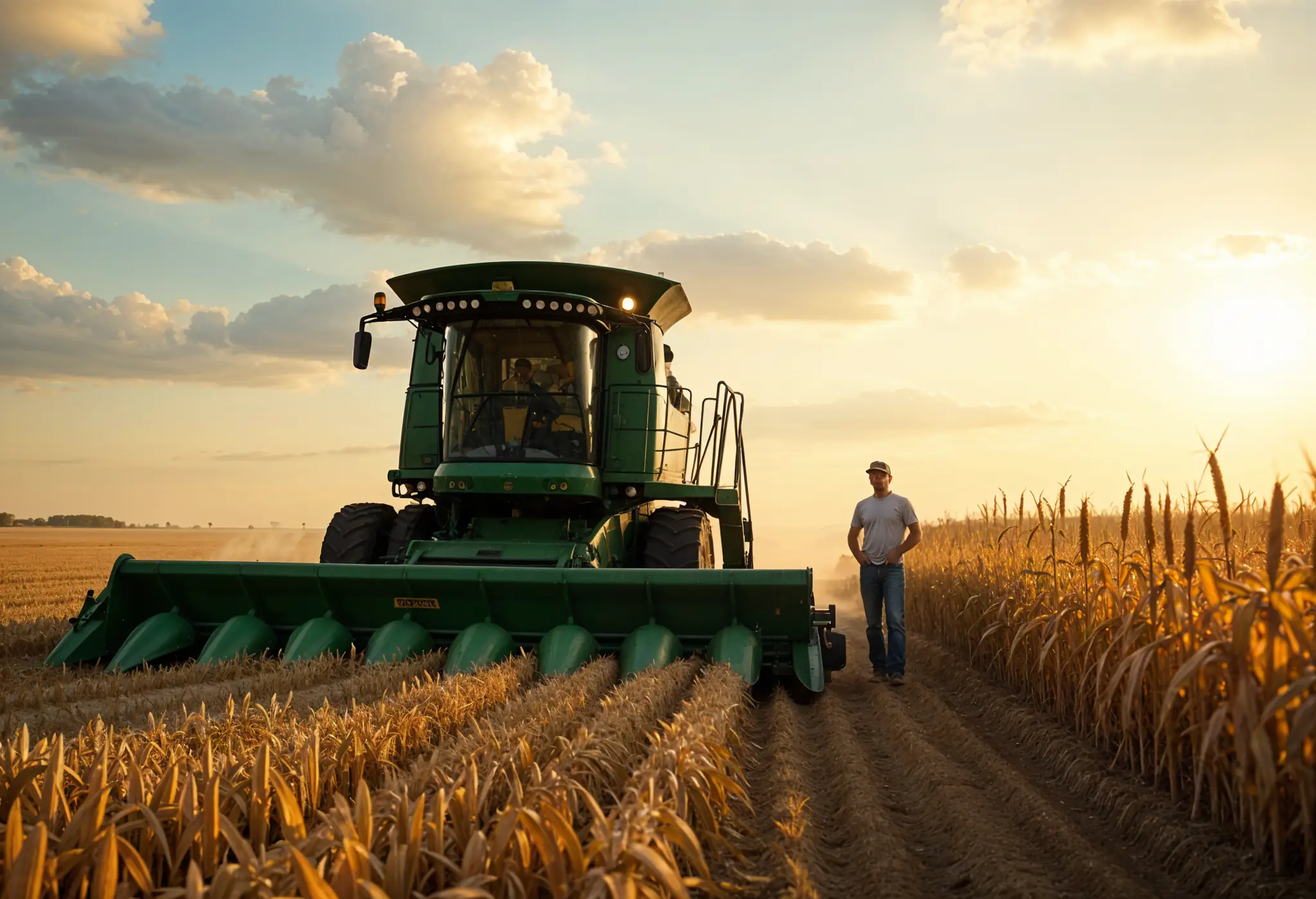 Farmer standing beside an idle John Deere combine in a cornfield at sunset.