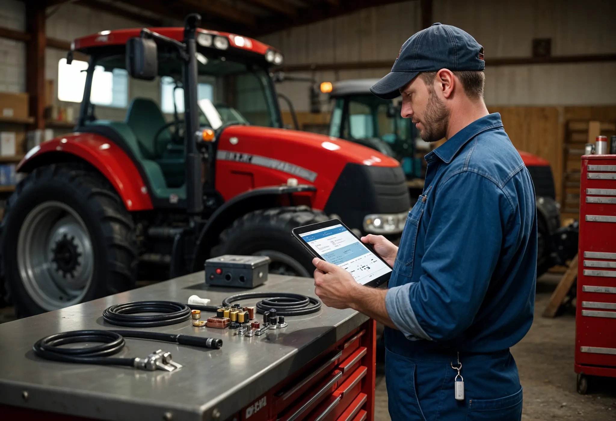 Farmer using tablet next to a red tractor under repair in a clean farm workshop.