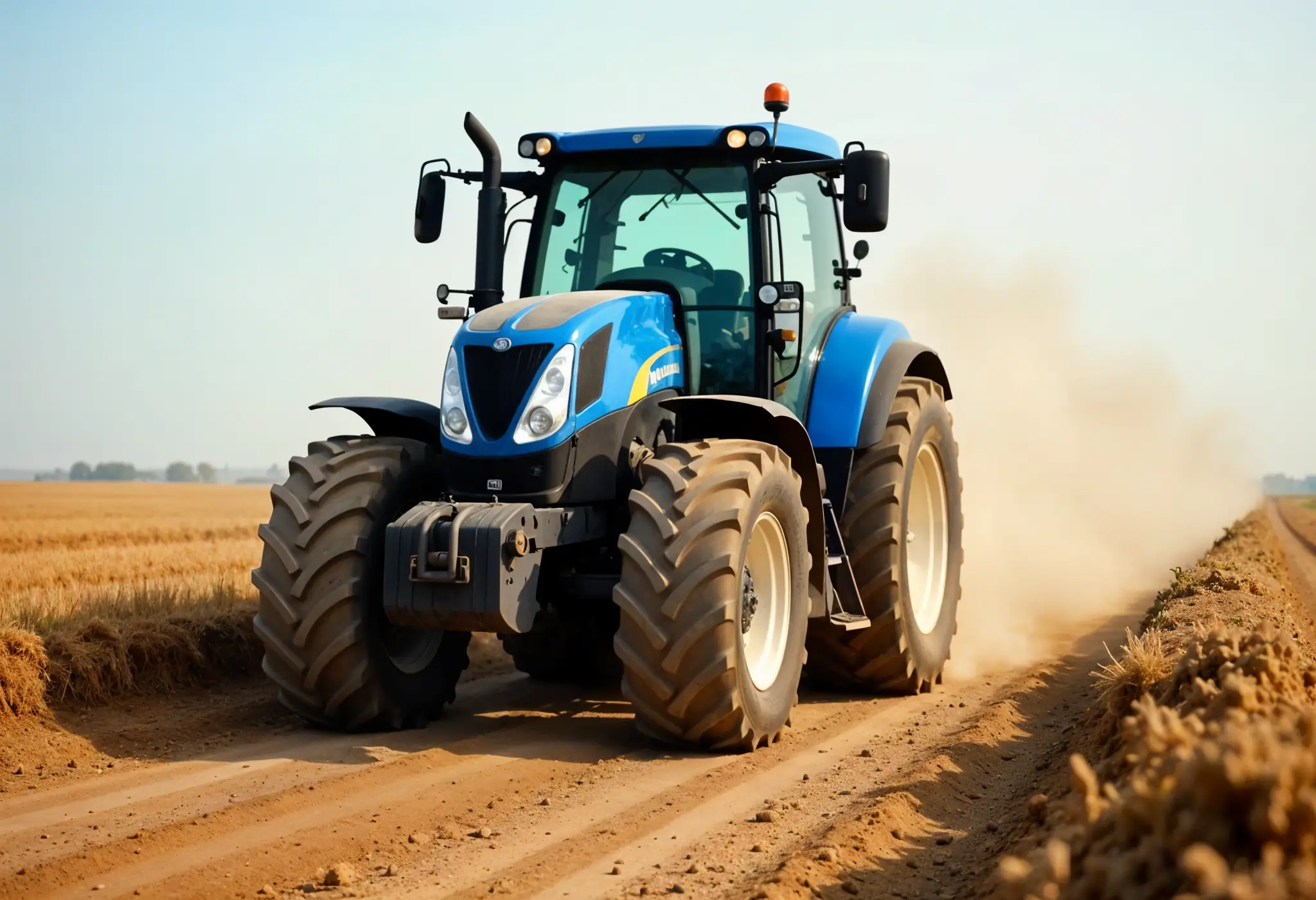 Dust-covered New Holland tractor driving on a rural gravel road.