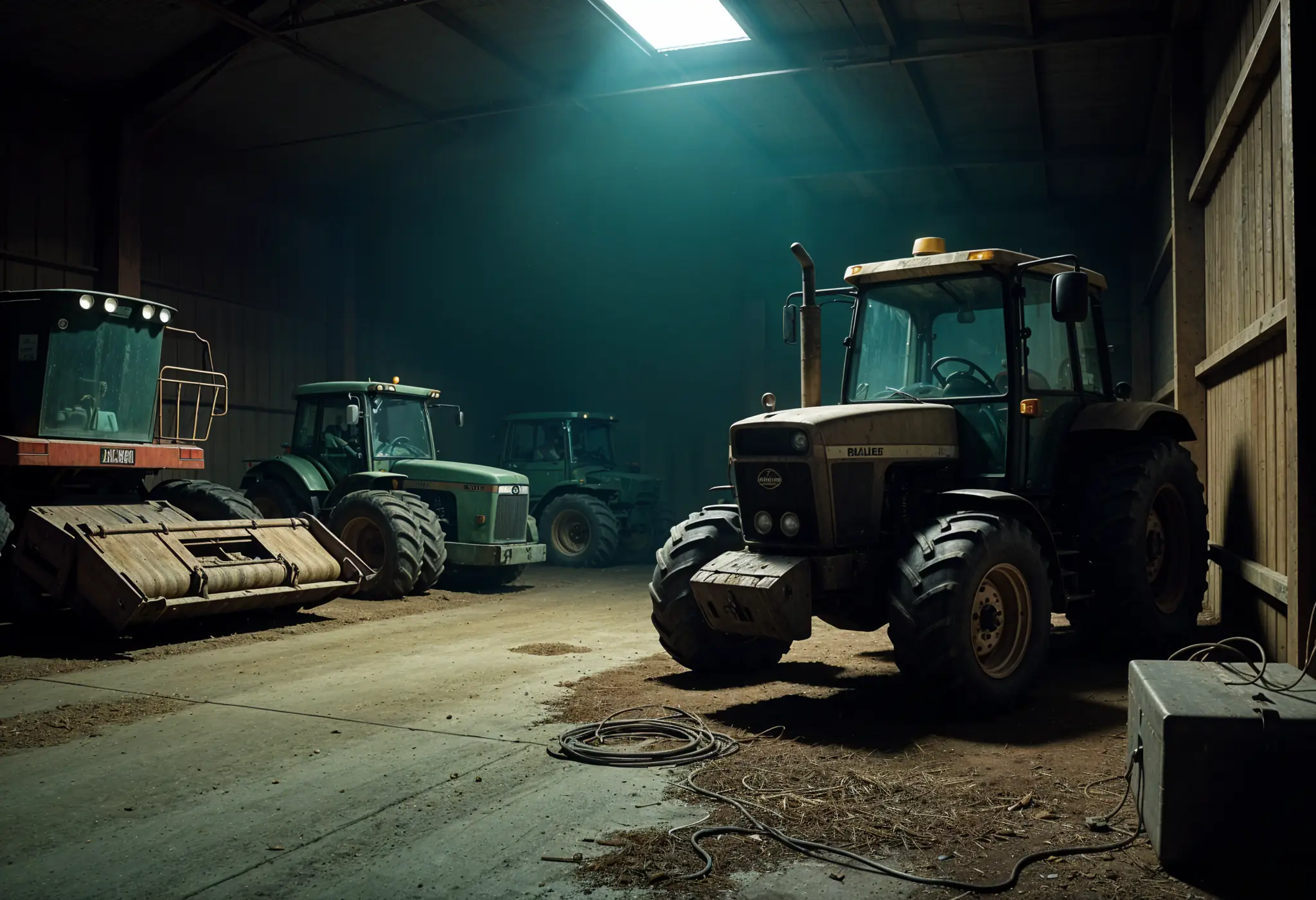 Old farm equipment in a barn with disconnected battery cables and missing belts.