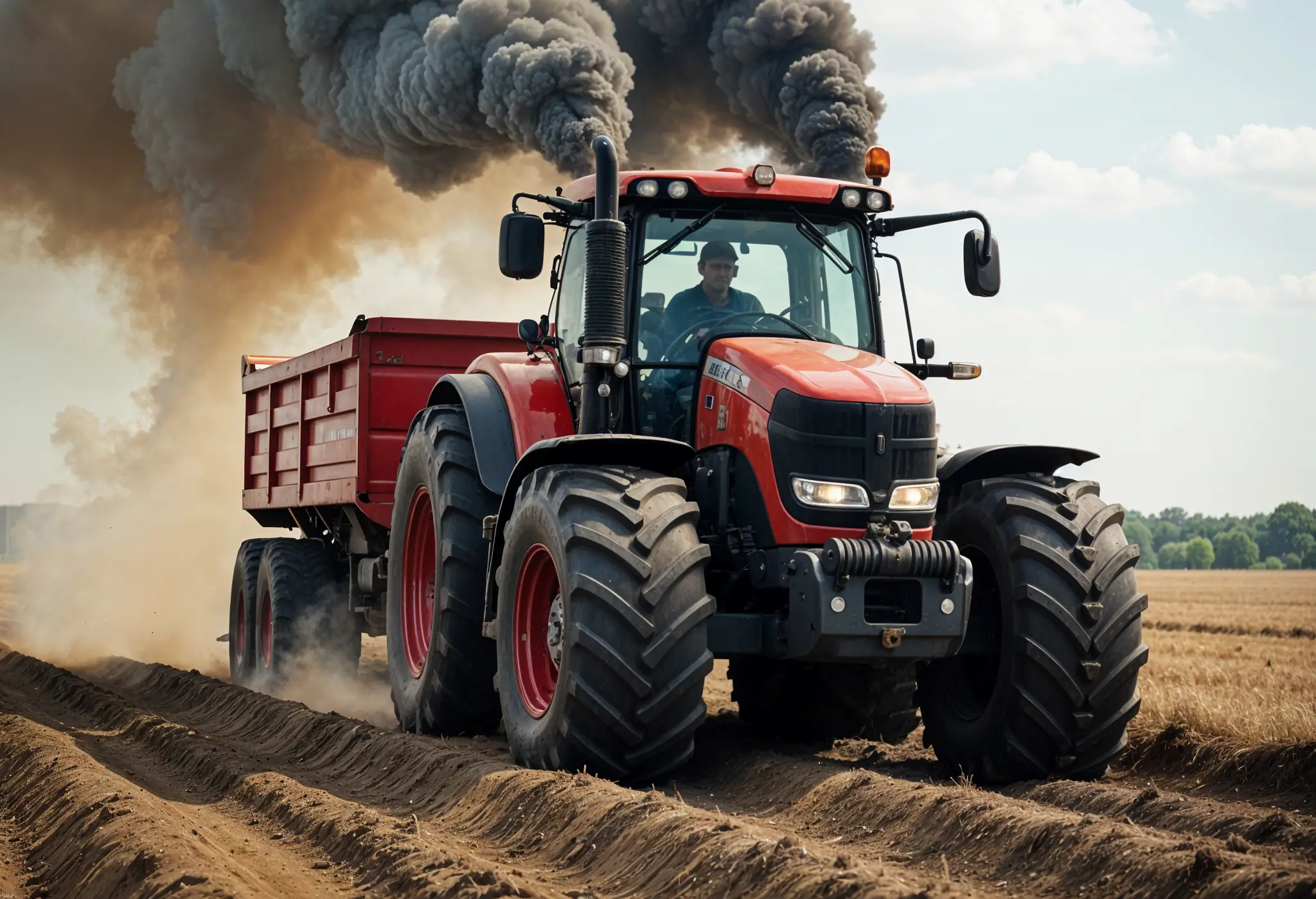 Diesel tractor emitting black smoke during heavy field operation.