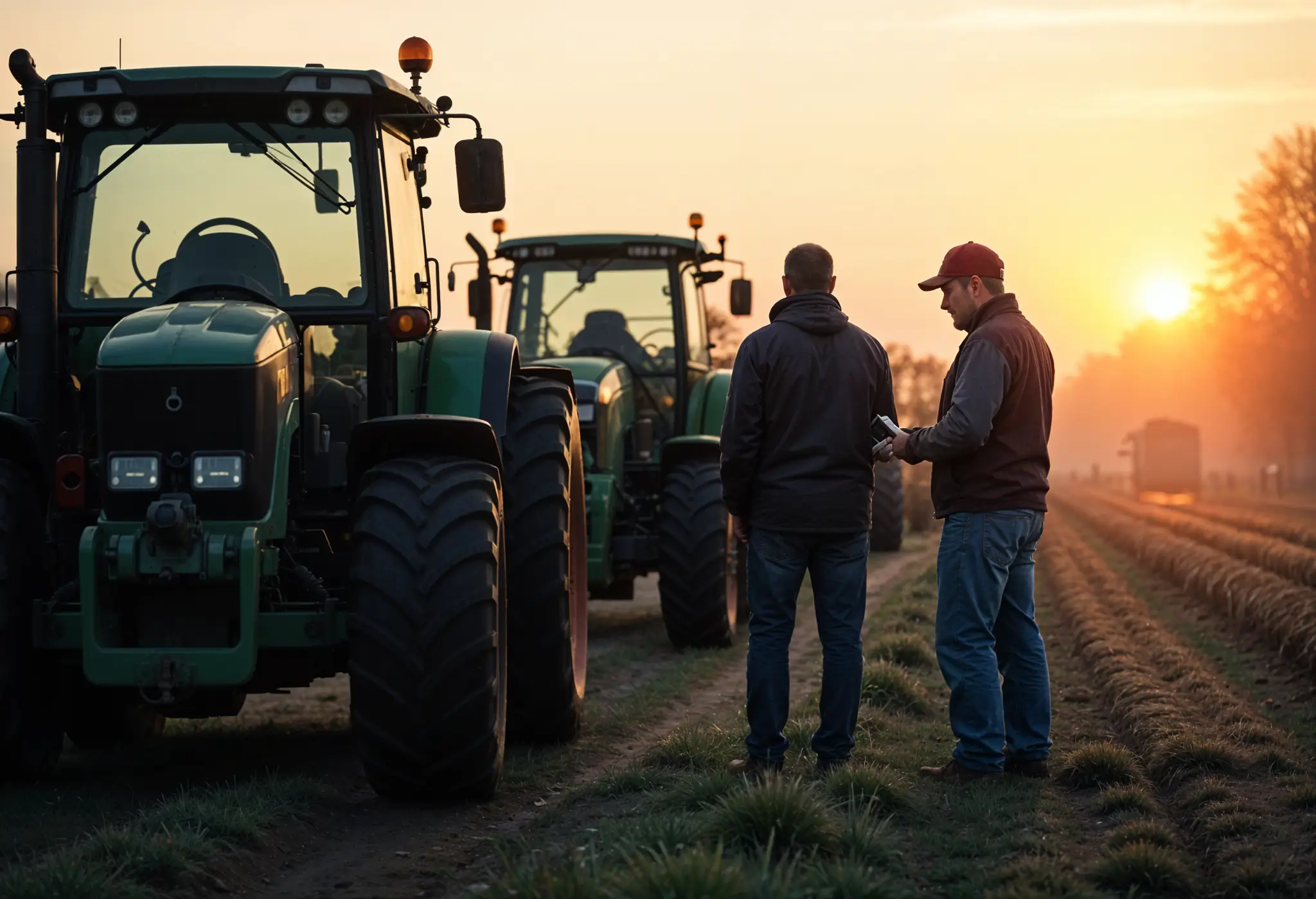 Farmers checking tractor battery cables on a cold morning.