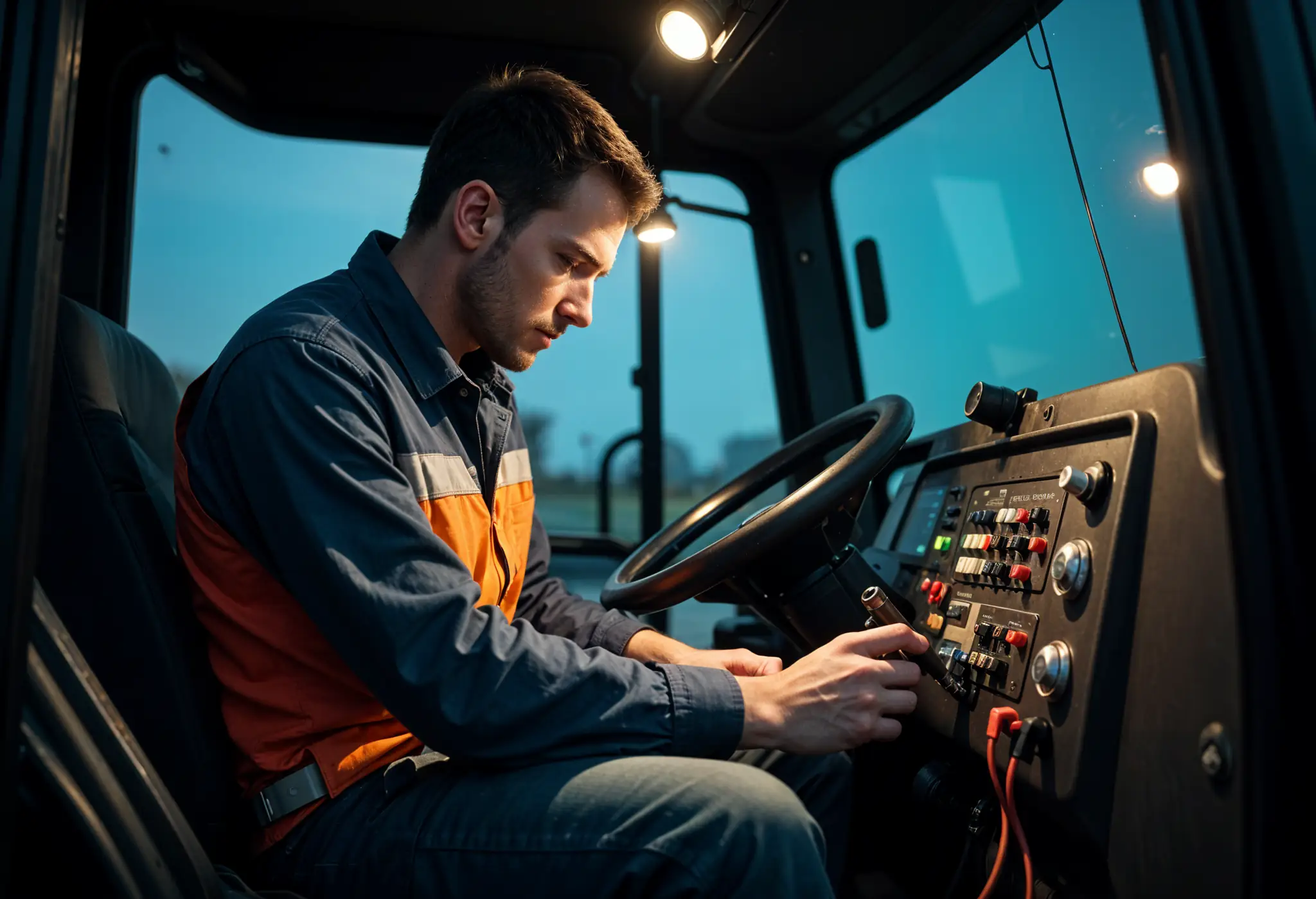 Technician inspecting a tractor’s internal fuse panel with a headlamp.