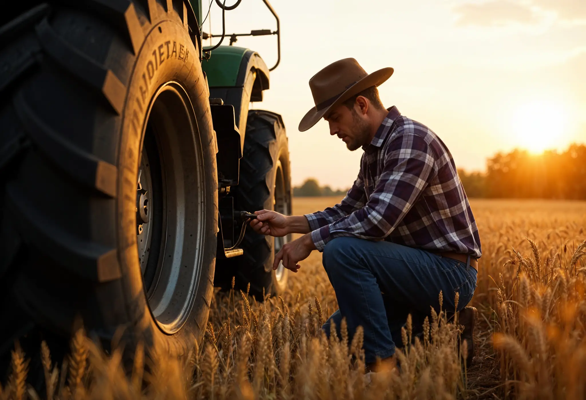 Farmer repairing a tractor fan belt in the middle of a wheat field during harvest.