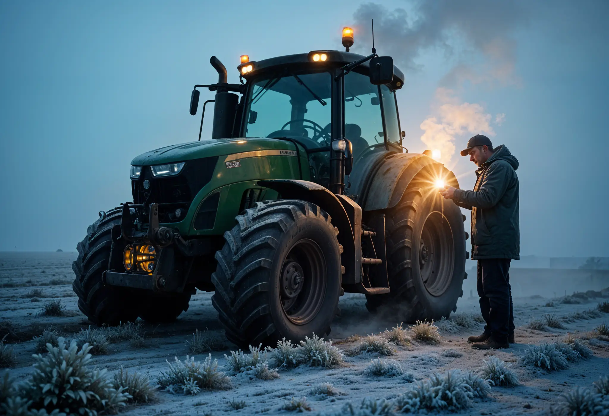 Two farmers checking ignition wiring on a frozen tractor that won’t start at sunrise.