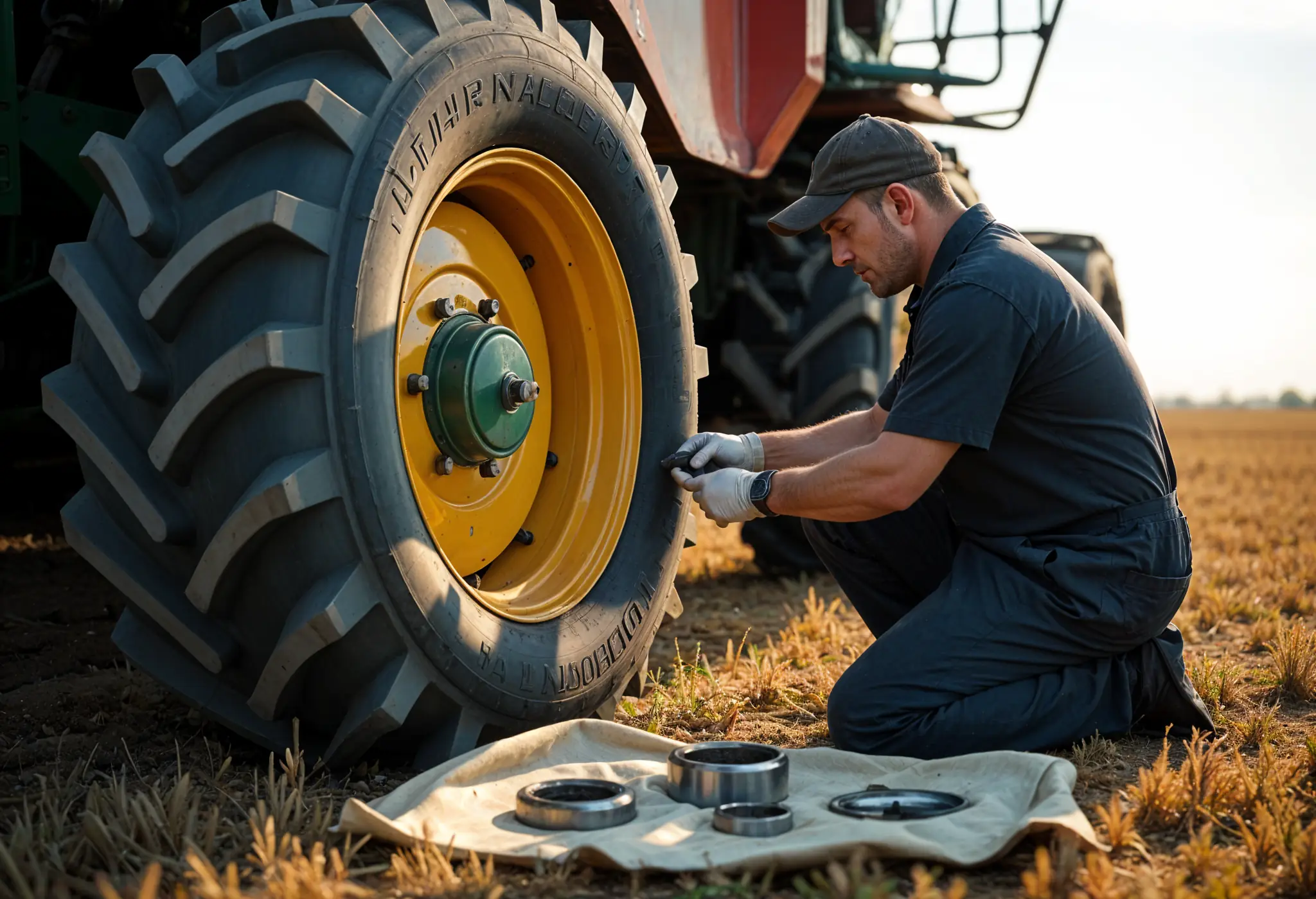 Technician inspecting seed drill hub after bearing failure in a soybean field.