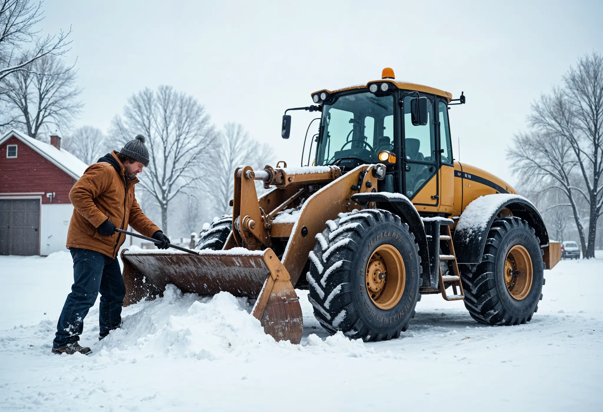 Farmers thawing frozen loader control cables during winter operations.