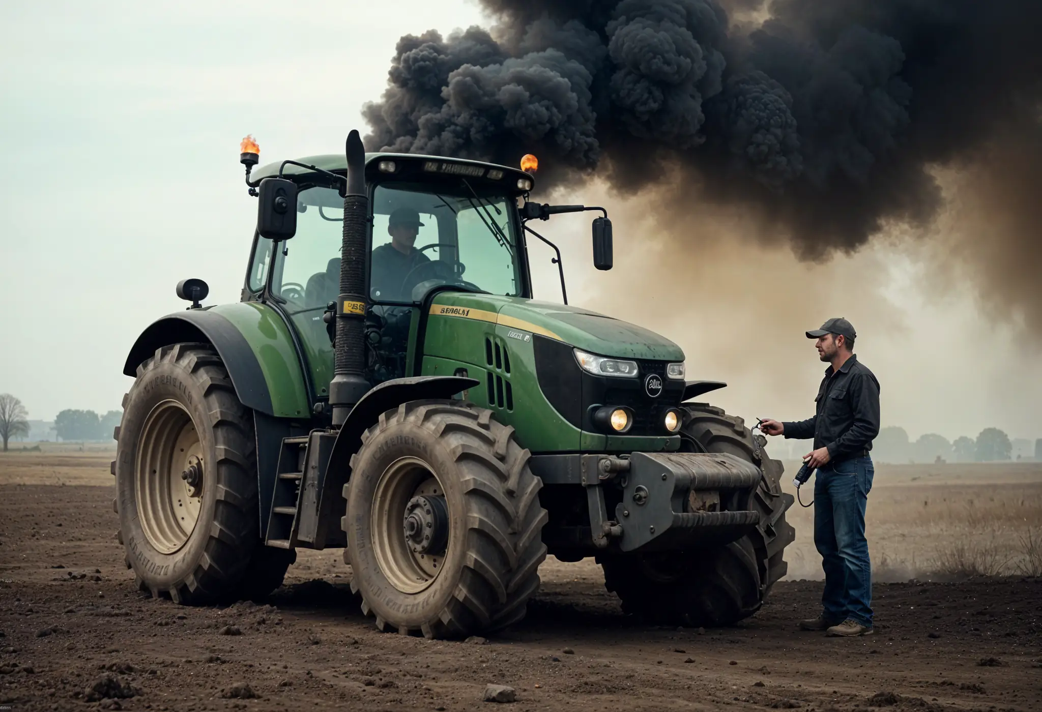 Diesel tractor with black smoke and operator testing glow plugs after start failure.