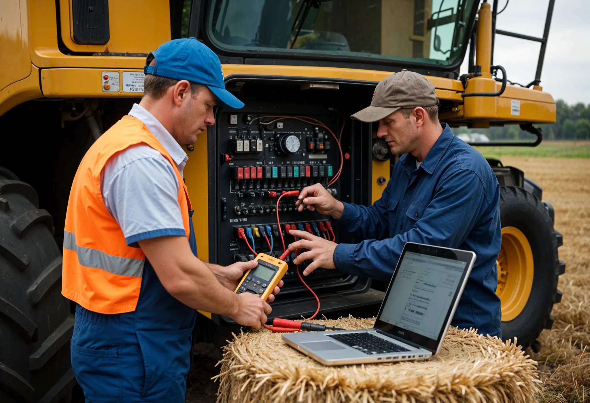 Technicians testing relays and fuses on harvester control panel with diagnostic tools.
