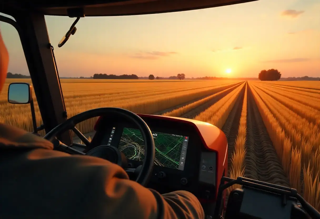 GPS-guided tractor operating in a wheat field using smart farming technology