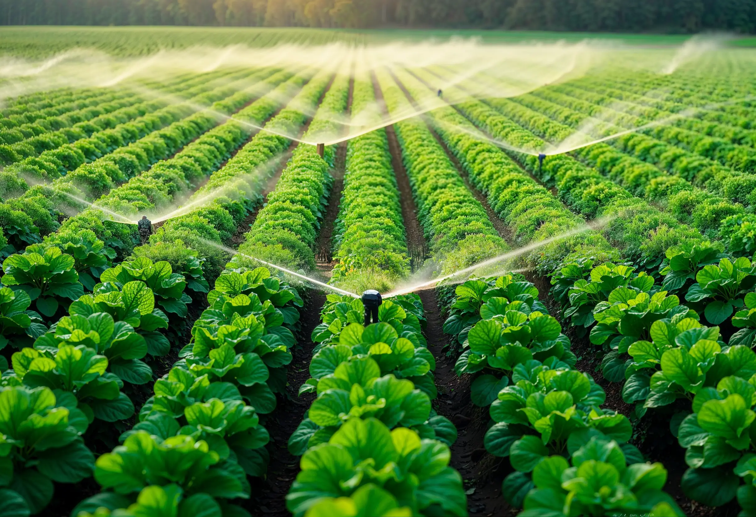 Aerial view of smart irrigation system watering a vegetable field
