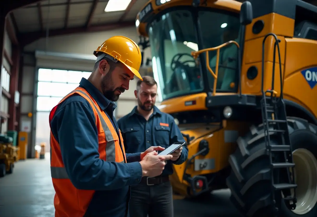 Farm mechanics performing scheduled maintenance on combine harvester