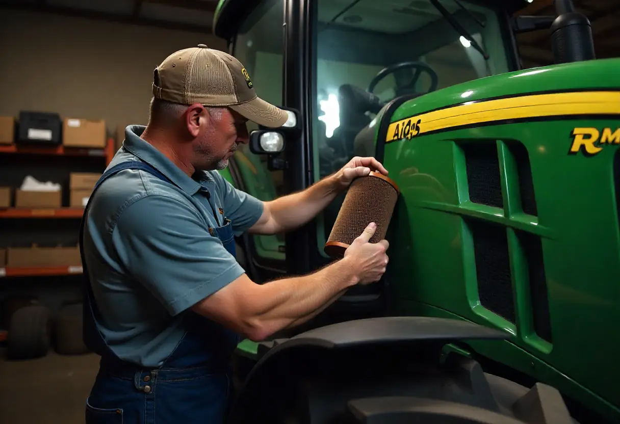 Farmer replacing tractor air filter in maintenance barn before harvest