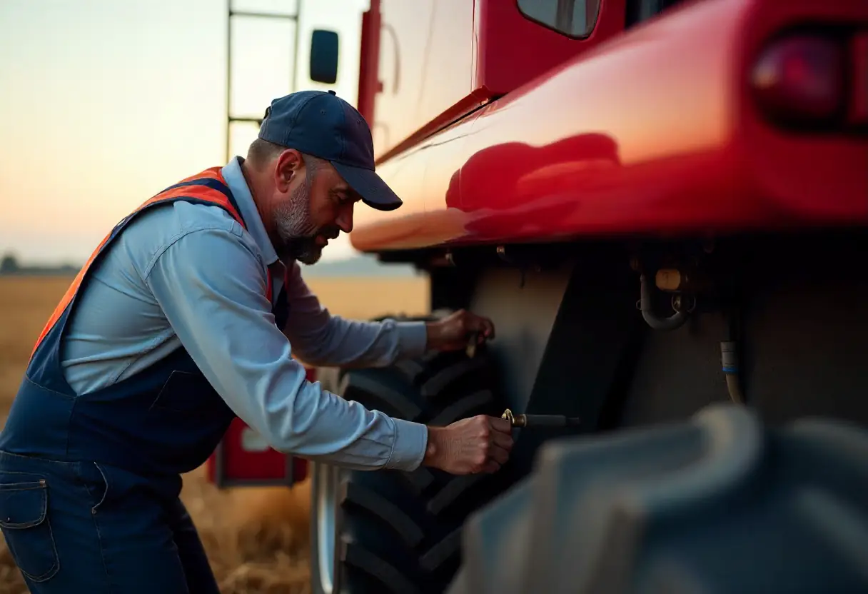 Technician inspecting red combine before seasonal harvest