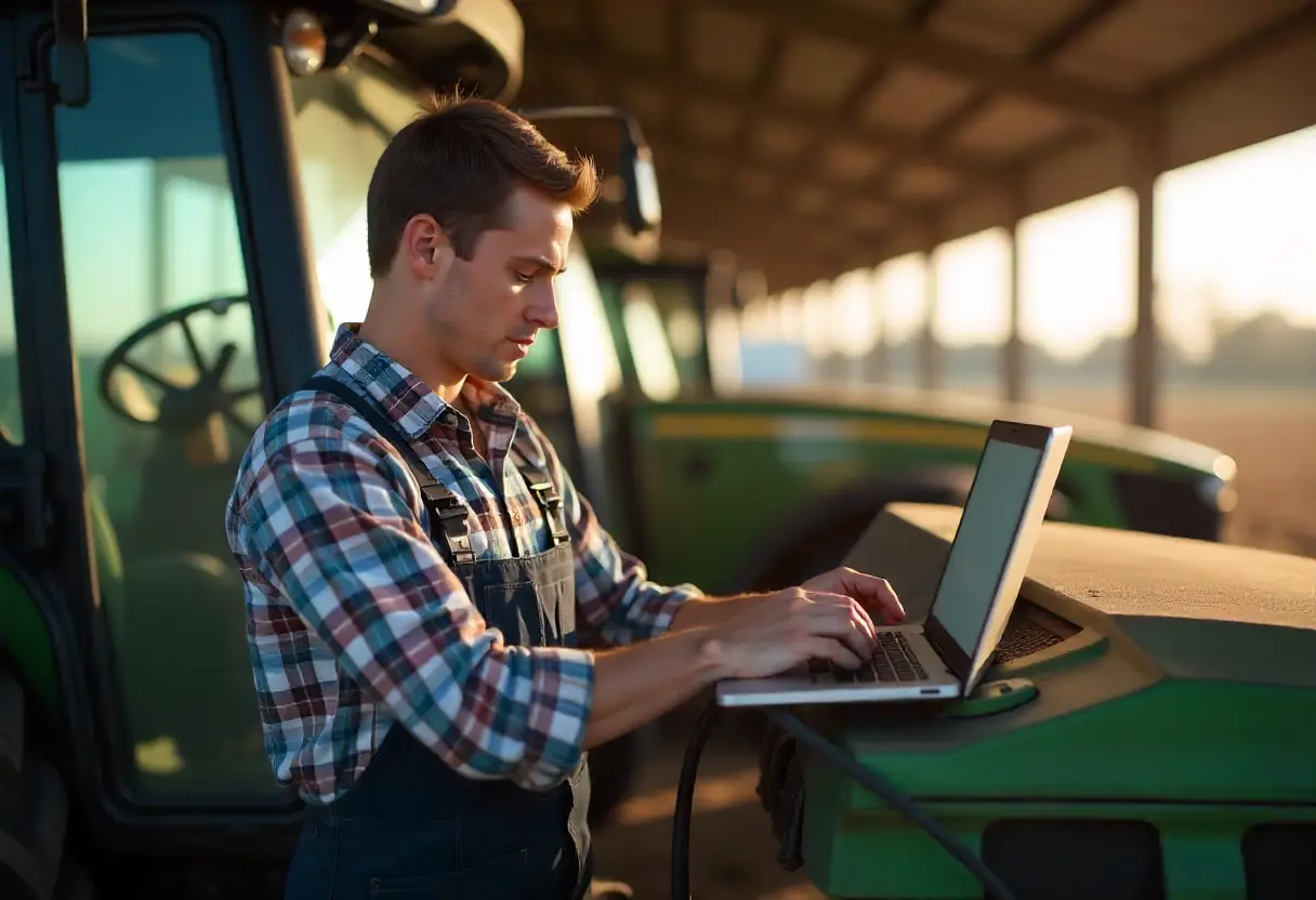 Farmhand running engine test on tractor with diagnostics tool