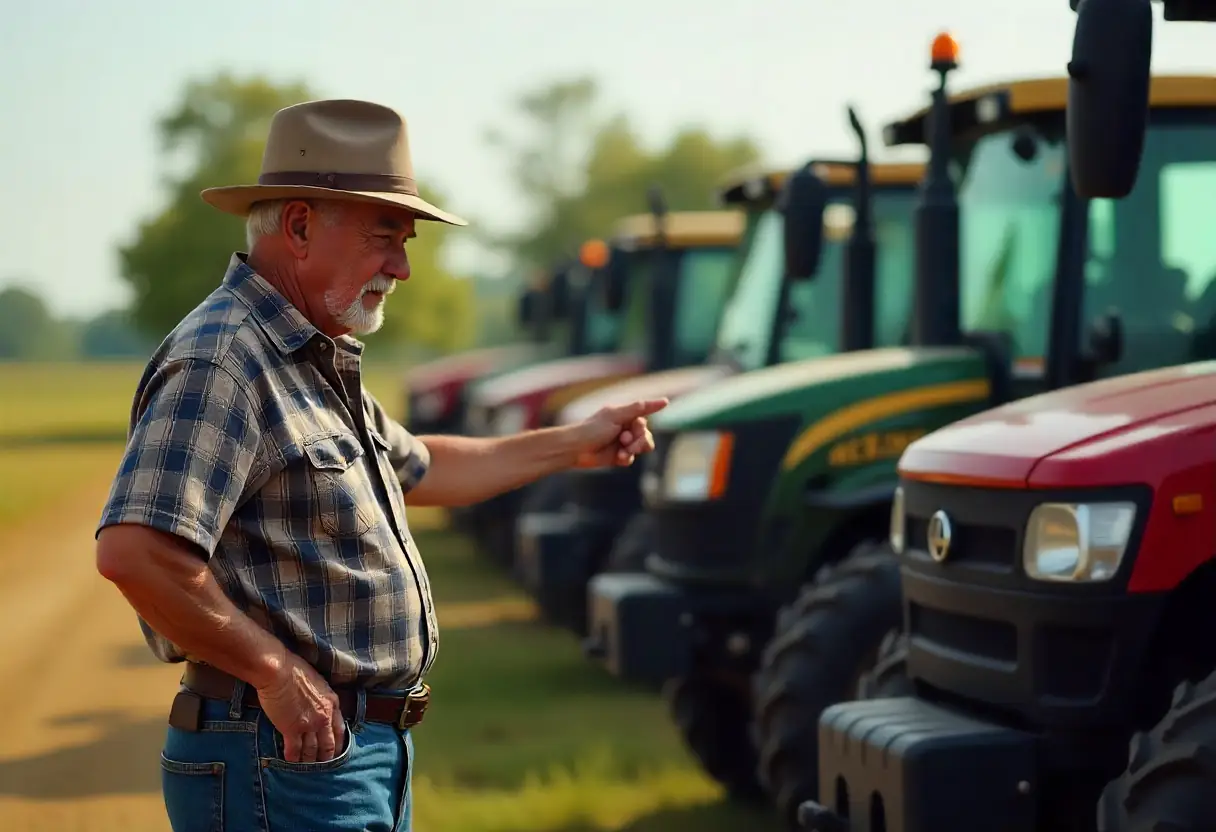 Farmer checking utility farm vehicles before peak field work