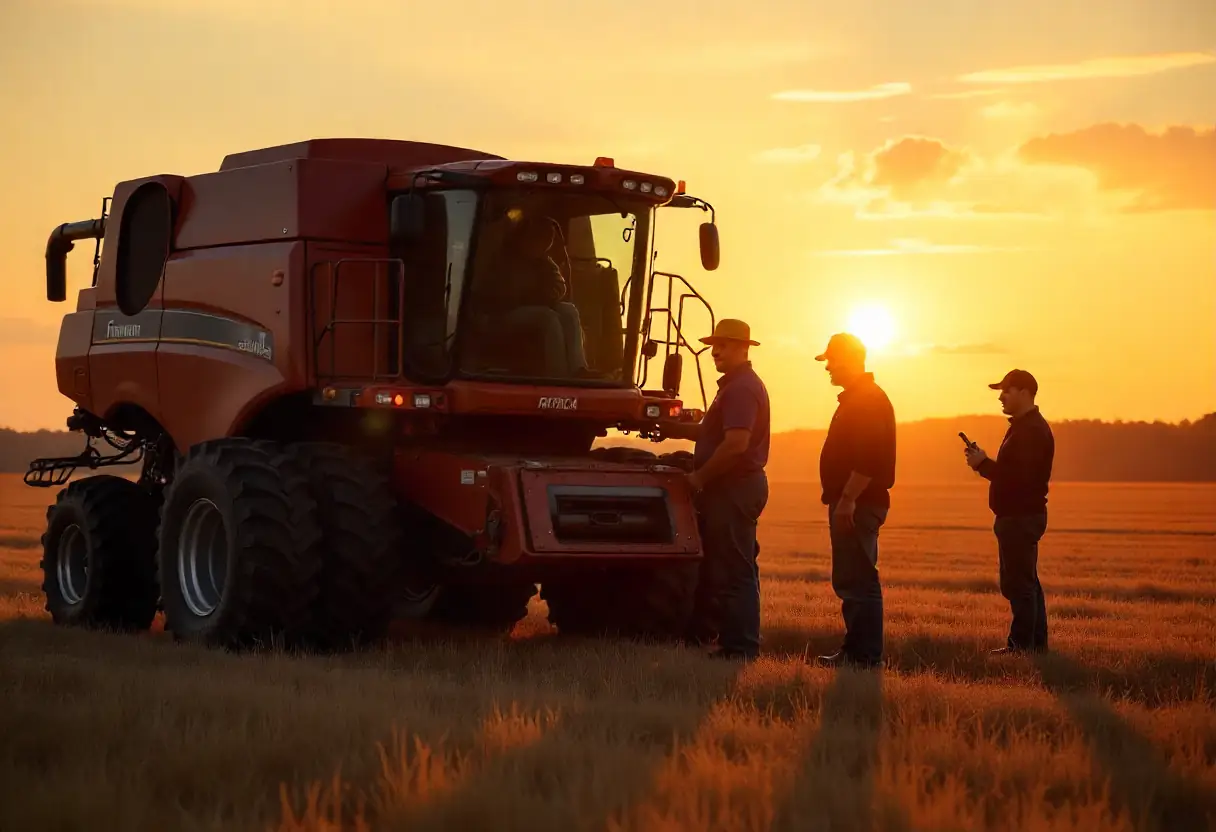 Team adjusting baler early morning before field use