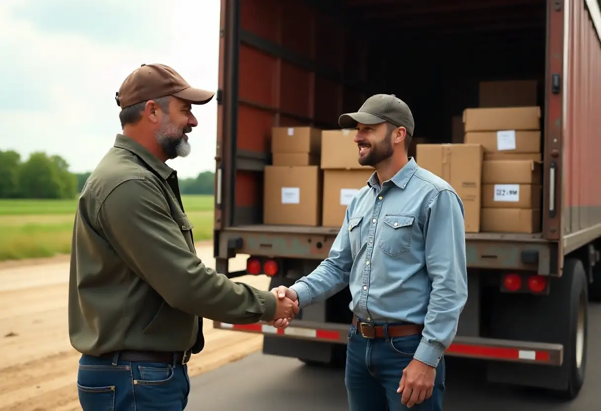 Farmer and supplier handshake in front of delivery truck