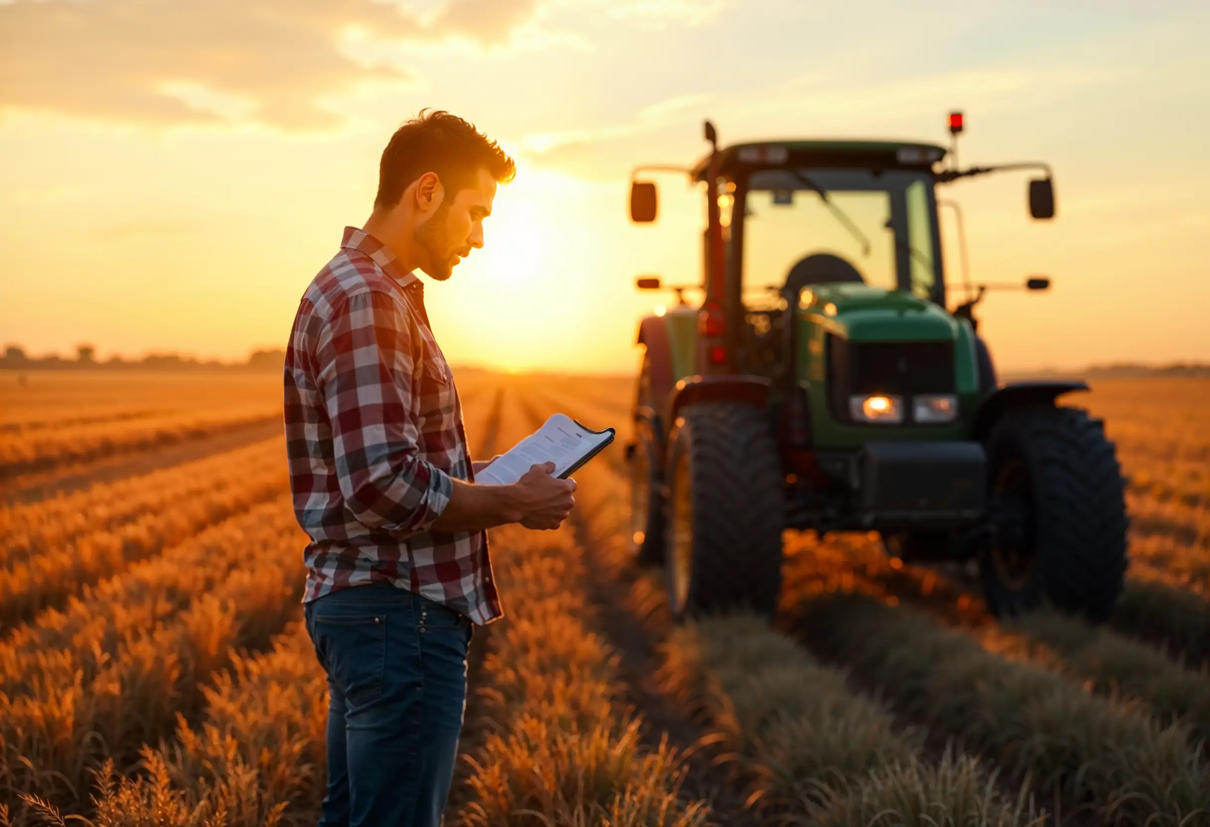 Farmer standing next to idle tractor during harvest season, symbolizing costly delays