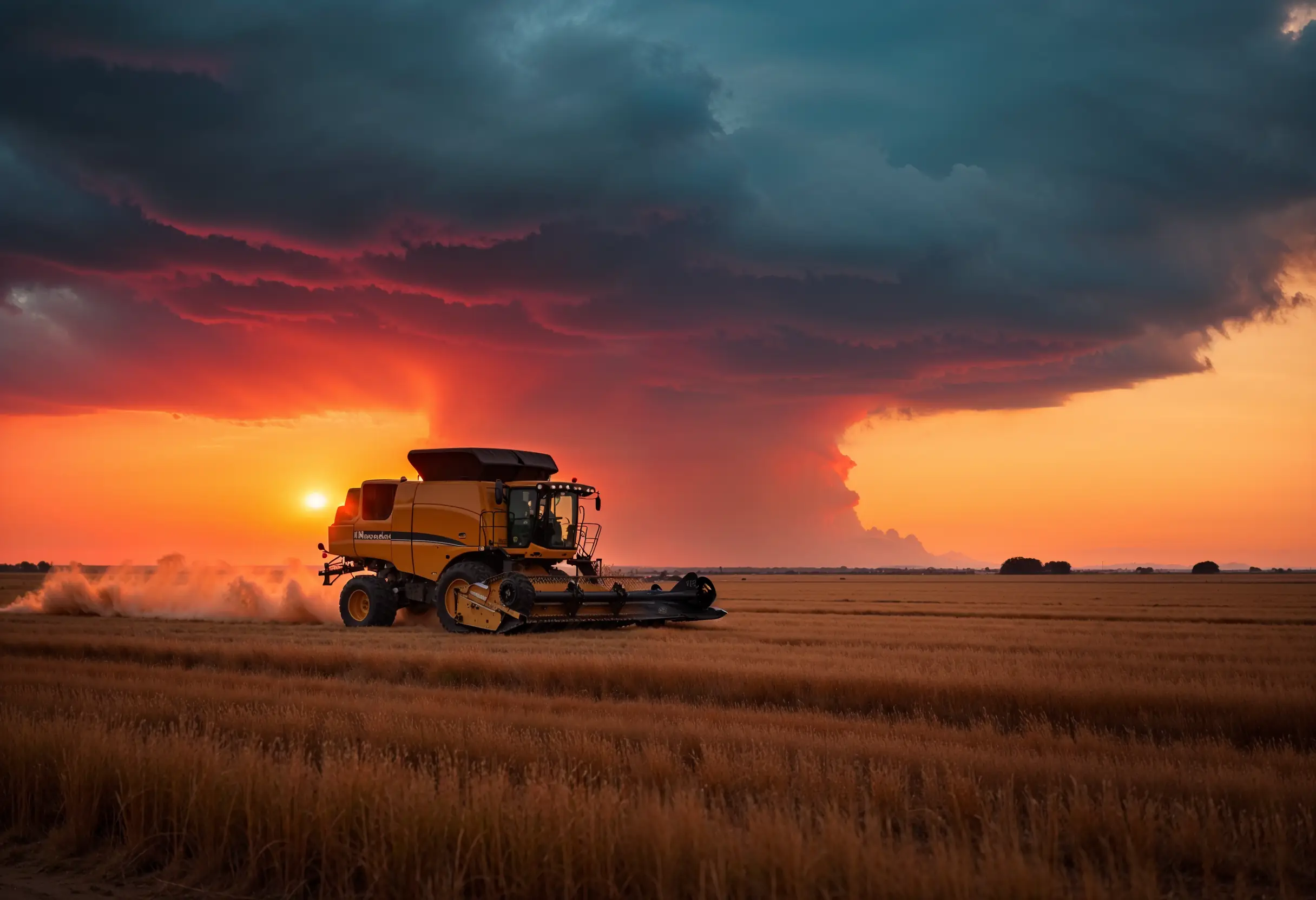 Combine harvester operating under an approaching storm at sunrise