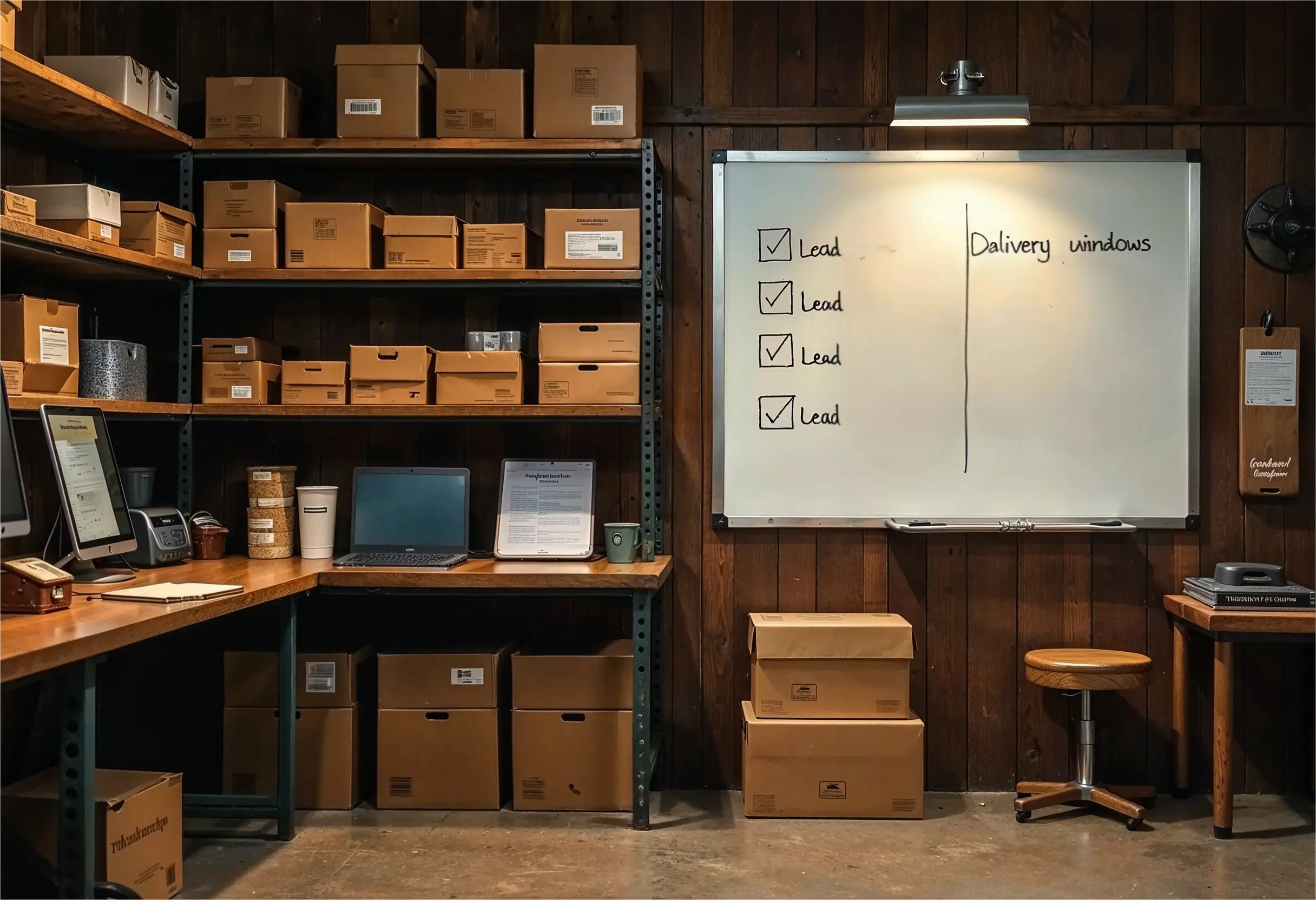 Organized farm workshop with shelves, digital tools, and planning board