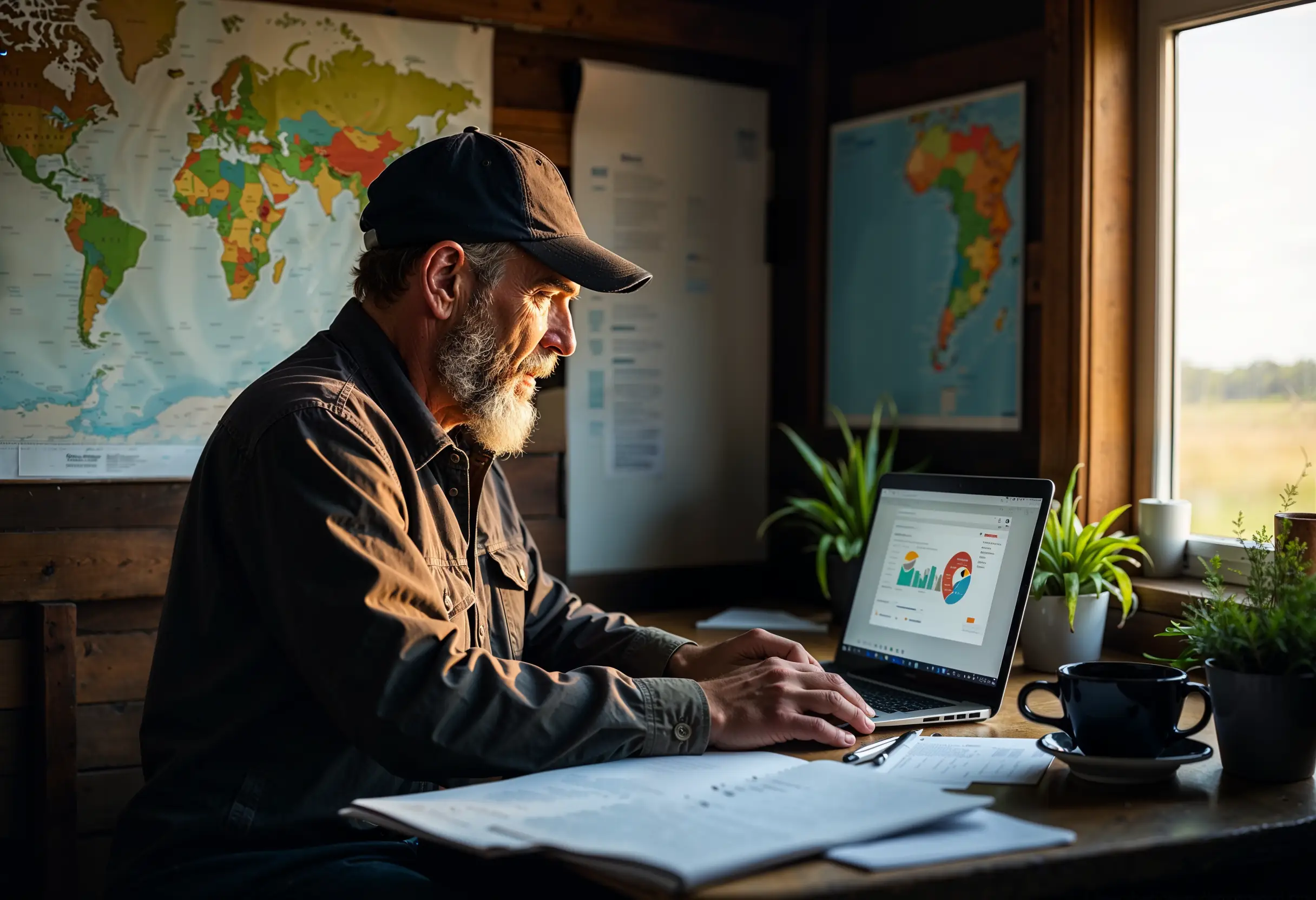 Farmer in office using farm management software and weather planning tools