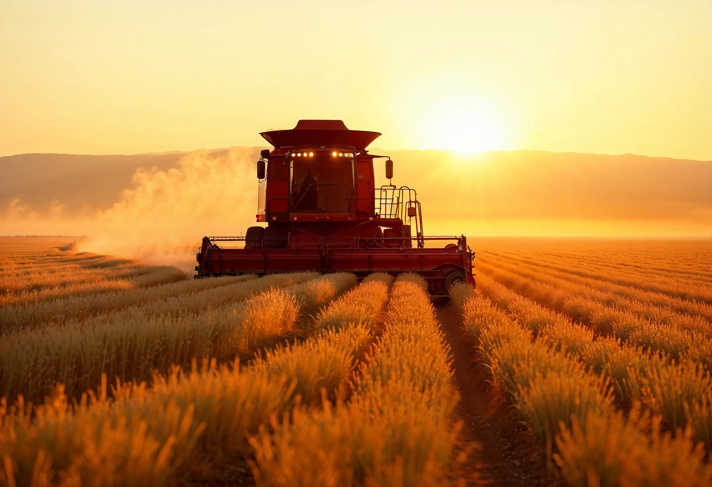 New combine harvester in wheat field at sunrise during early morning harvest.
