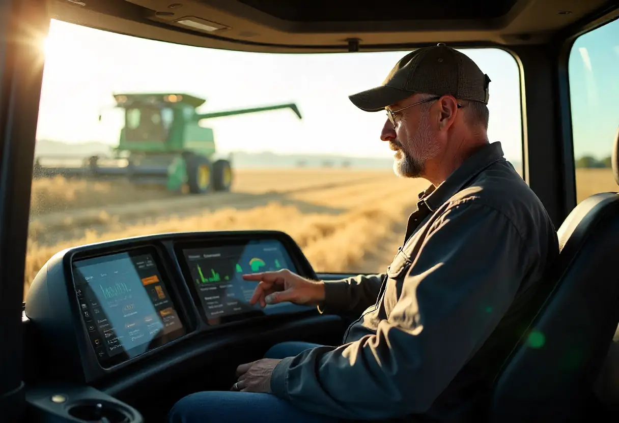 Farmer reviewing maintenance dashboard inside modern combine harvester.