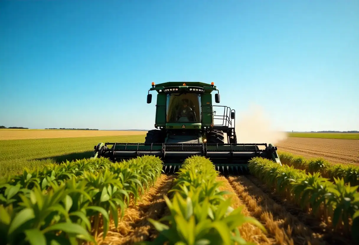 New combine harvester driving through a soybean field under blue sky.