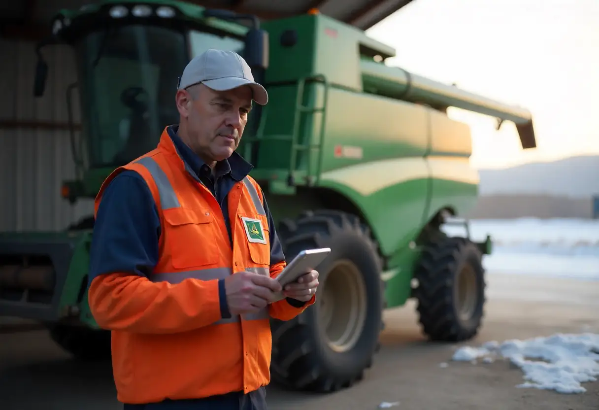 Technician inspecting new combine harvester before harvest season.