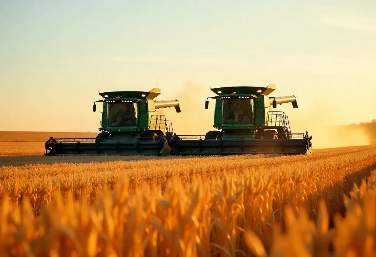 Two modern combines harvesting cornfield with synchronized precision.