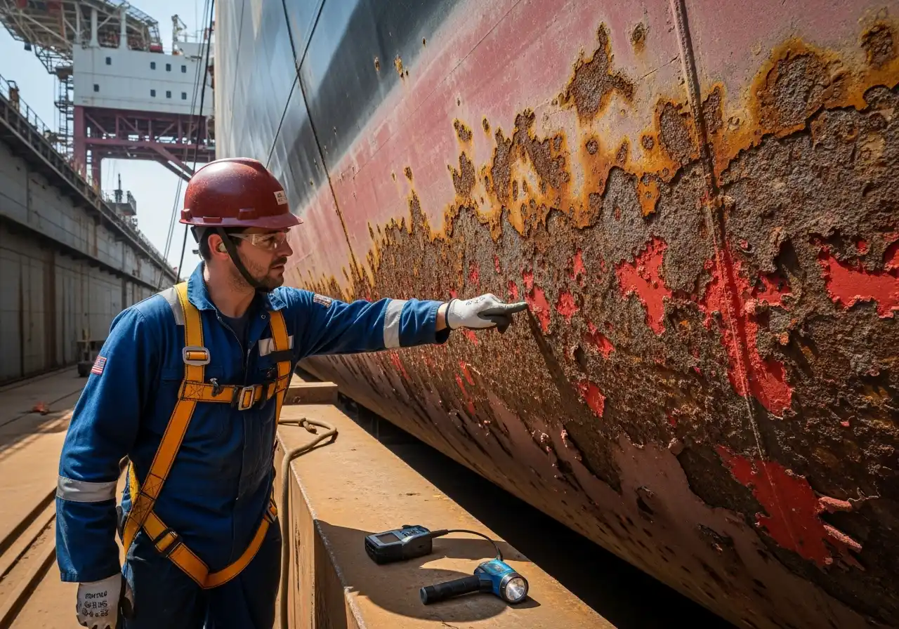 FPSO hull inspection showing pitting corrosion with engineer using ultrasonic gauge.