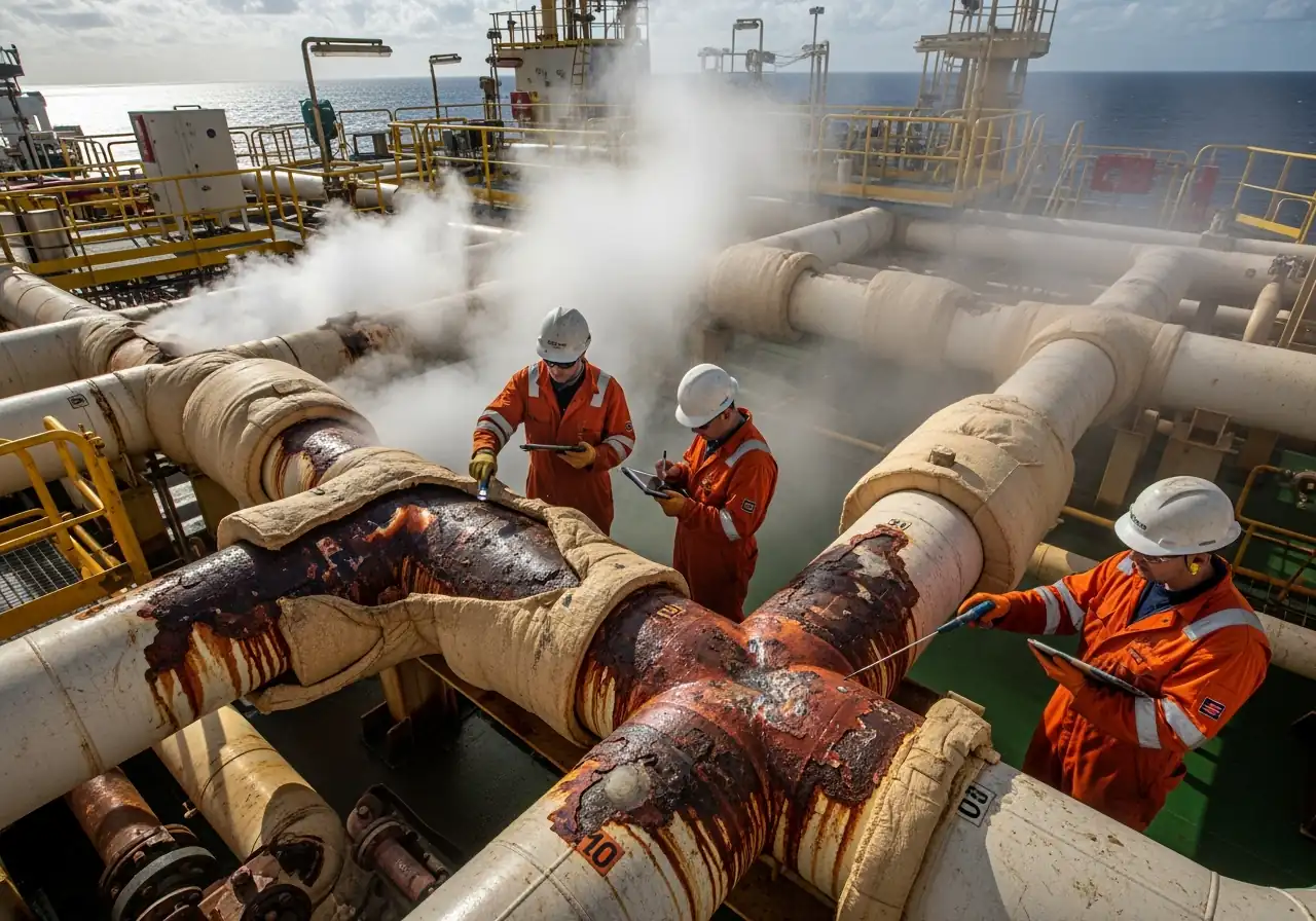 FPSO topside piping inspection revealing corrosion under insulation damage.